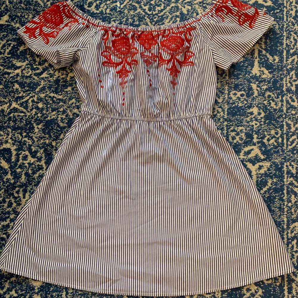 Francesca’s off the shoulder seersucker dress